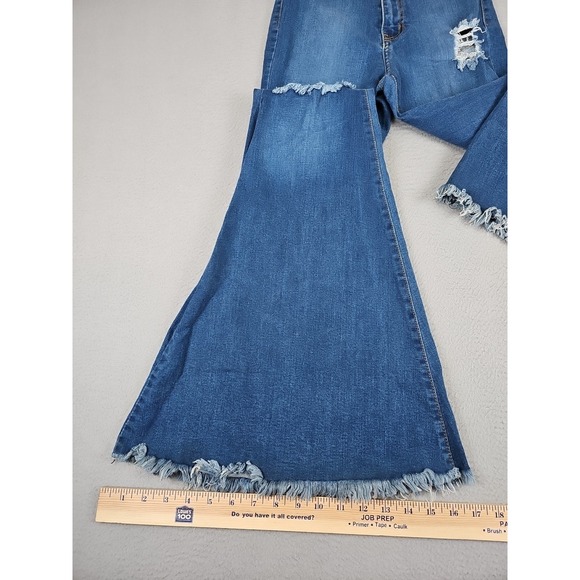 Vibrant Miu Jeans Women's Size 3 23x33 Blue Bell Bottoms Destressed High-Rise - Picture 2 of 8
